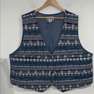 Blue Plaid Button-Up Vest Bedford Fair Lifestyles vintage patchwork 3x lined